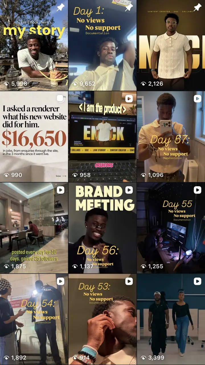Screenshot 1 of Enock's Instagram grid, showing his own posts and how many times each was viewed
