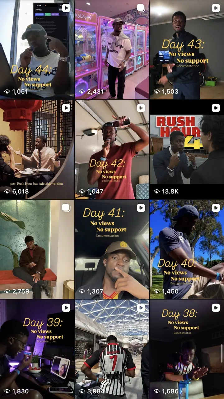 Screenshot 3 of Enock's Instagram grid, showing his own posts and how many times each was viewed