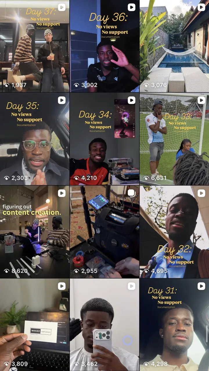 Screenshot 4 of Enock's Instagram grid, showing his own posts and how many times each was viewed